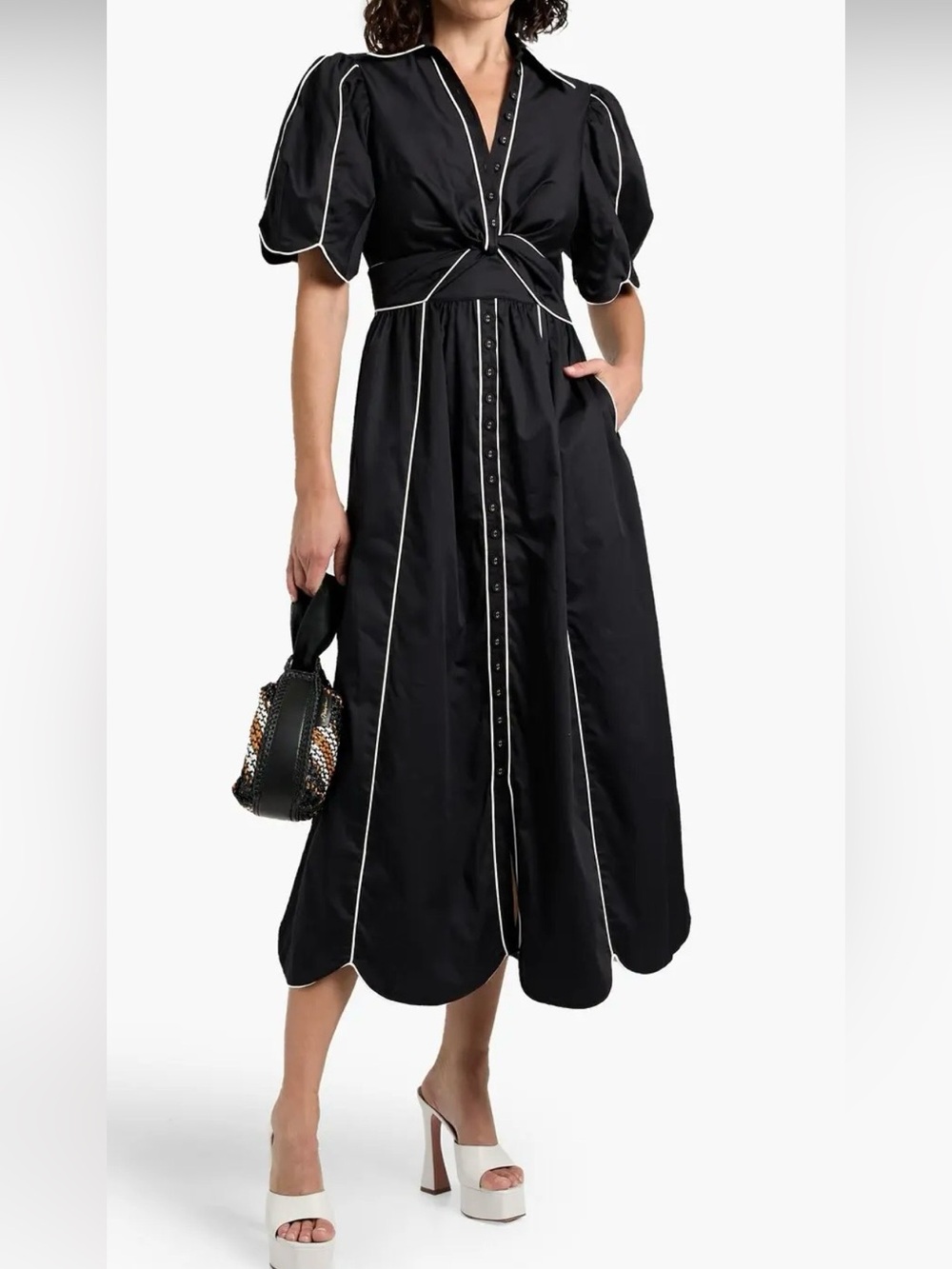 Farm Rio Twisted Cotton Midi Dress with white piping and scalloped hem line. M. - Picture 2 of 11